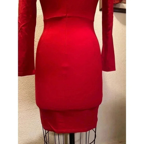 Sarin Mathews Deep V Neck Ruched Bodycon Long Sleeve Mini Dress Red NWT Size XL - Picture 7 of 9